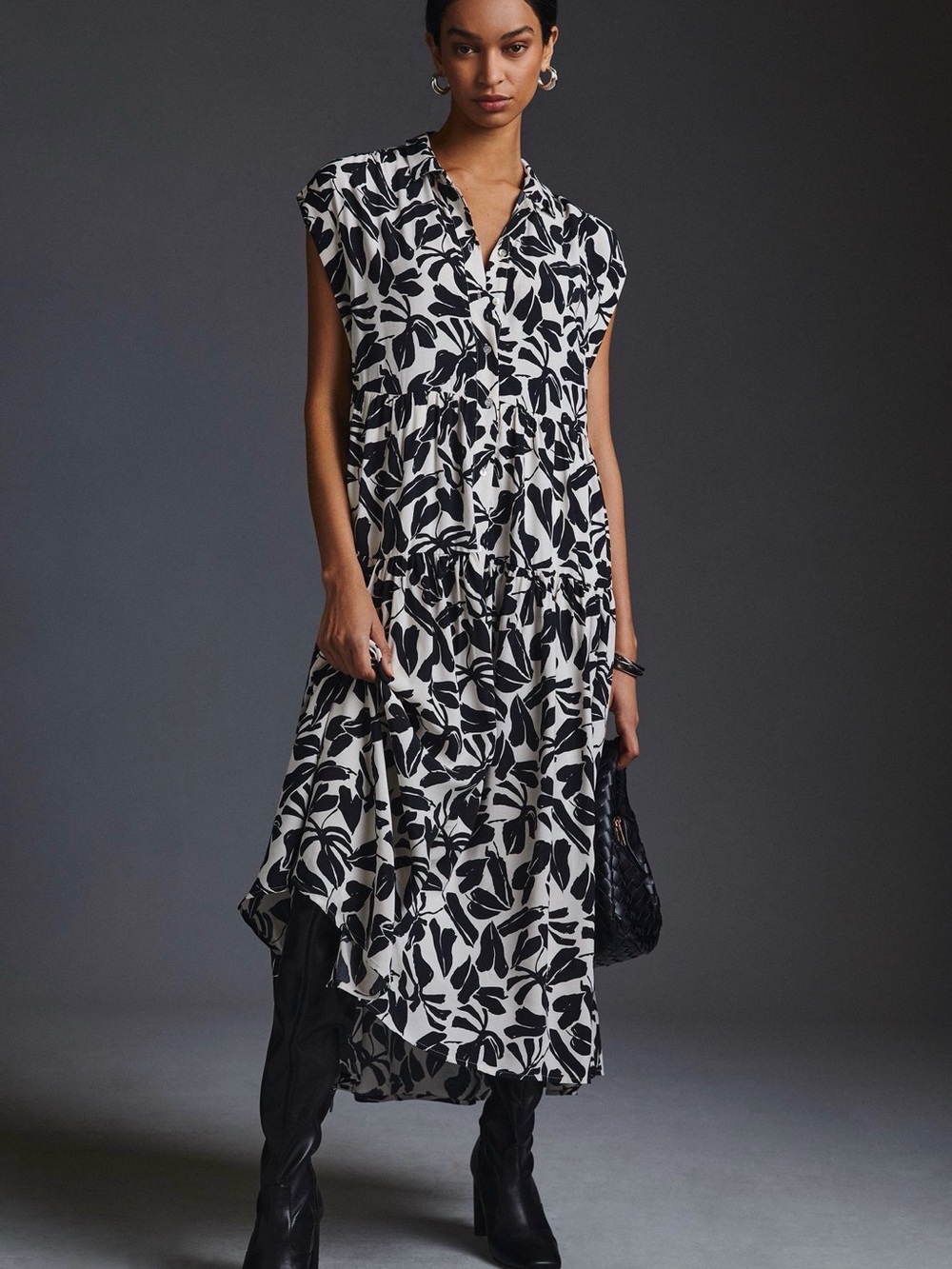 Anthropologie Black & White Leaf-Print Maxi Dress
